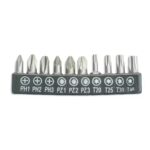 Atsuktuvo antgaliu komplektas 10 vnt., 25mm:PH1/2/3,PZ1/2/3,T20/25/30/40, 18A07S10