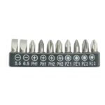 Atsuktuvo antgaliu komplektas 10 vnt.,25mm: SL5.5,6.5, PH1/2x2,PZ1/2x2, 18A07S11